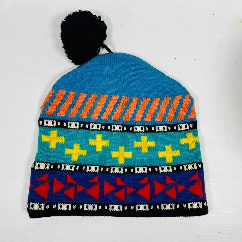 COLUMBIA Hat Adult OS Pure Wool Southwestern Ski Beanie Bobble Cap Blue